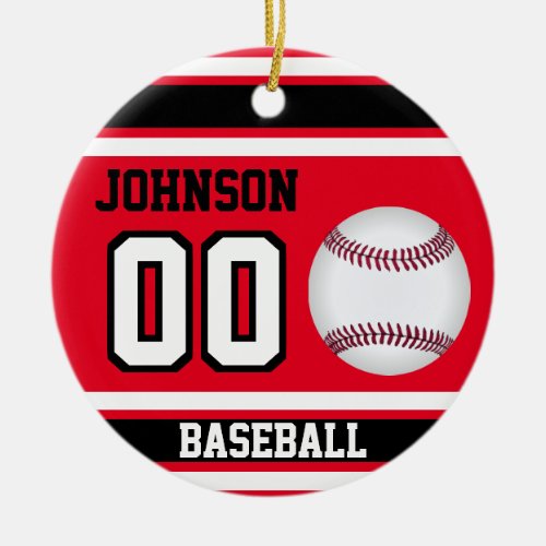 Personalized Baseball  Red White and Black Ceramic Ornament