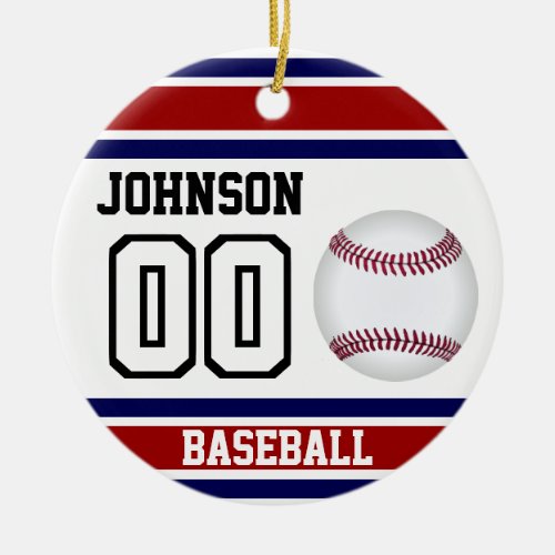Personalized Baseball  Red White and Blue Ceramic Ornament