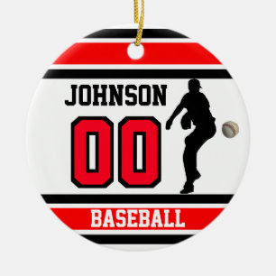 Personalized Baseball Red, White & Black Ceramic Ornament