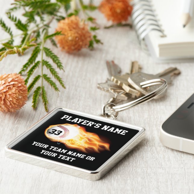 Personalized Baseball Senior Gifts Flaming Ball Keychain (Side)