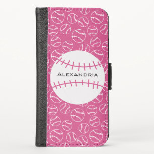 Personalized Baseball Softball Pattern on Pink iPhone X Wallet Case