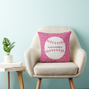 Personalized Baseball Softball Pattern on Pink Throw Pillow