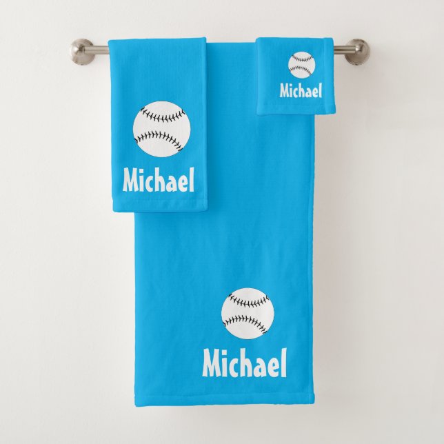 Personalized Baseball Sports blue and white Bath Towel Set (Insitu)