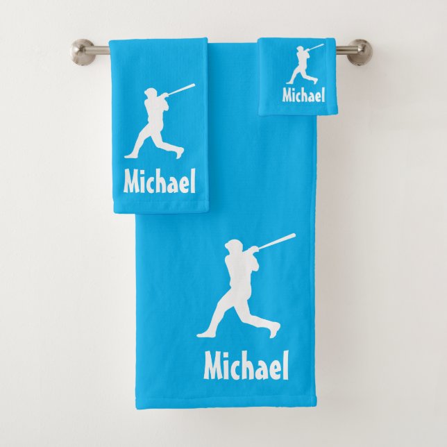 Personalized Baseball Sports blue and white Bath Towel Set (Insitu)