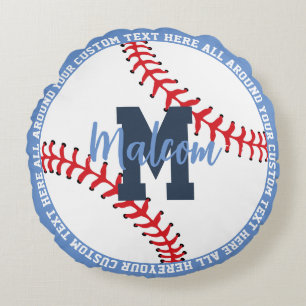 Personalized Baseball Sports Kids Blue Round Pillow