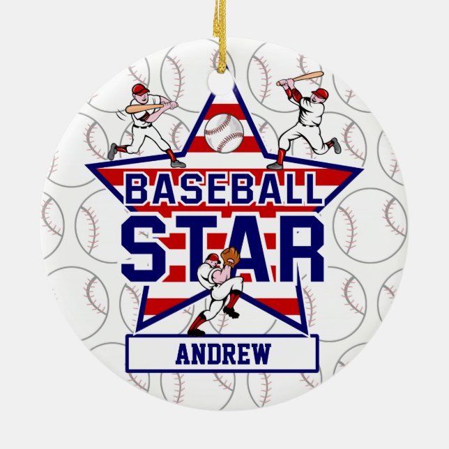 Personalized Baseball Star and stripes Ceramic Ornament (Back)