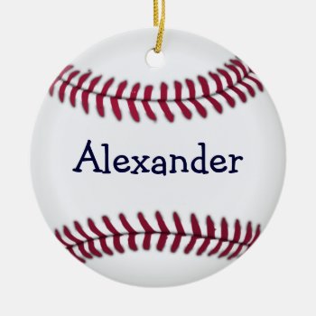 Personalized Baseball With Red Stitching Ceramic Ornament by faithandhopesplace at Zazzle