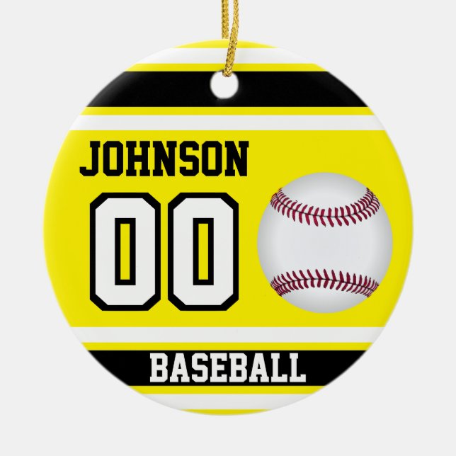 Personalized Baseball | Yellow, White and Black Ceramic Ornament (Front)