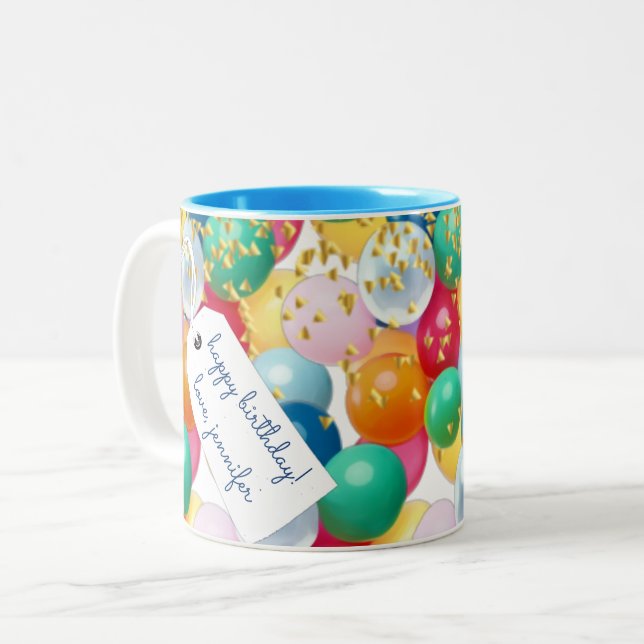Personalized basic balloons confetti birthday Two-Tone coffee mug (Front Left)