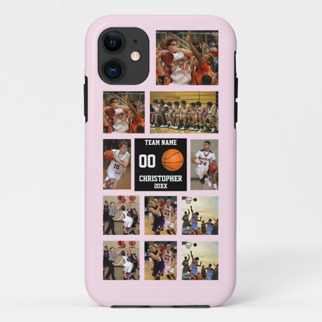 Personalized Basketball 11 Photo Collage Pink Case-Mate iPhone Case (Back)