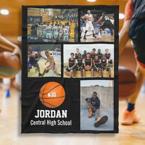 Personalized Basketball 5 Photo Collage Name Team Fleece Blanket