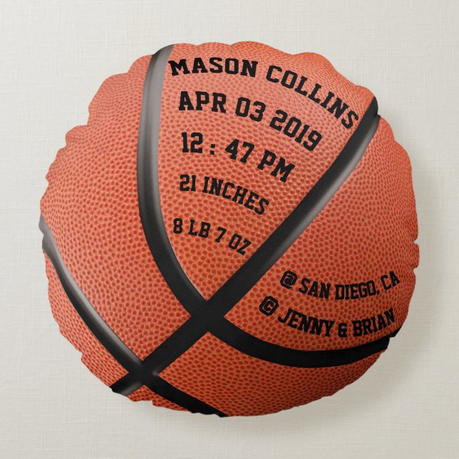 Personalized Basketball Baby Stats Birth Records Round Pillow (Front)