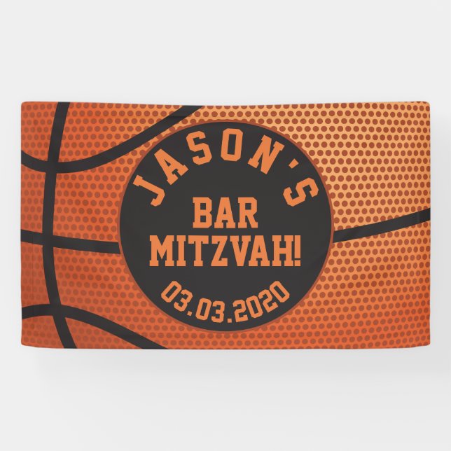 Personalized Basketball Bar Mitzvah Orange Black Banner (Horizontal)