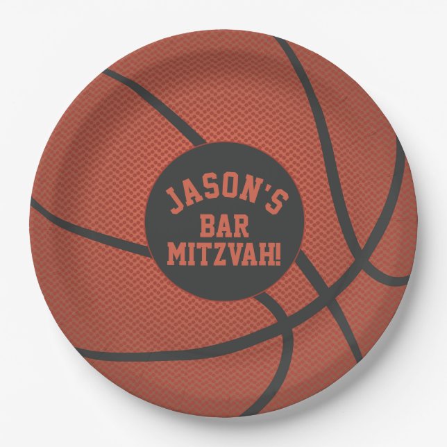 Personalized Basketball Bar Mitzvah Orange Black Paper Plates (Front)