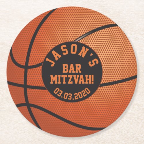 Personalized Basketball Bar Mitzvah Orange Black Round Paper Coaster