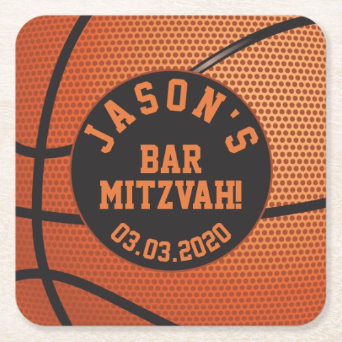 Personalized Basketball Bar Mitzvah Orange Black Square Paper Coaster