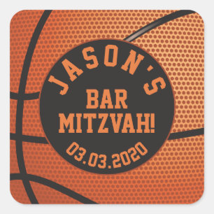Personalized Basketball Bar Mitzvah Orange Black Square Sticker
