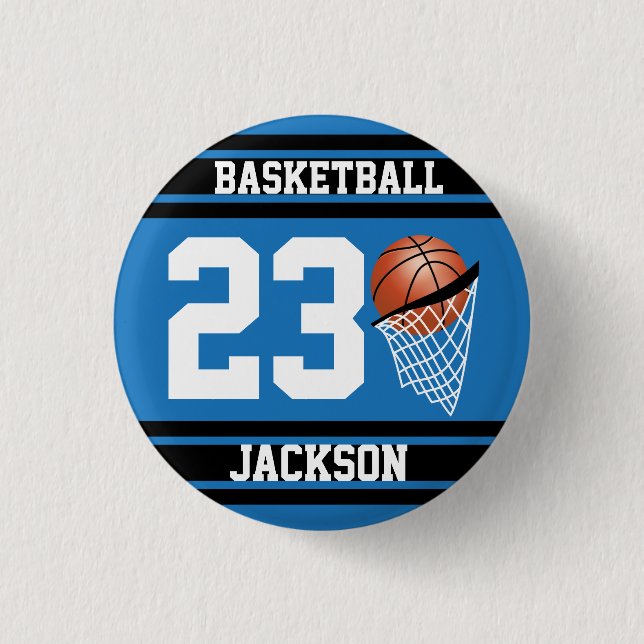 Personalized Basketball Blue and Black Pinback Button (Front)