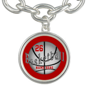 Personalized Basketball Charm Bracelet, Red Silver Bracelet