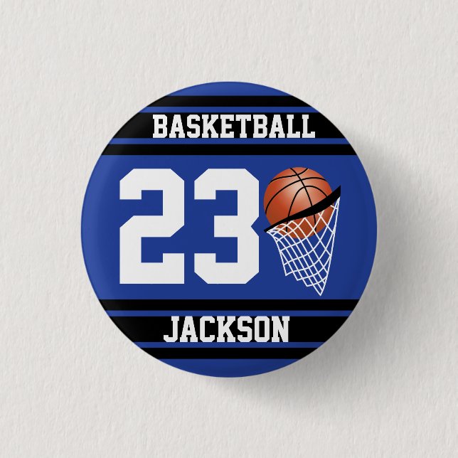 Personalized Basketball Dark Blue and Black Pinback Button (Front)