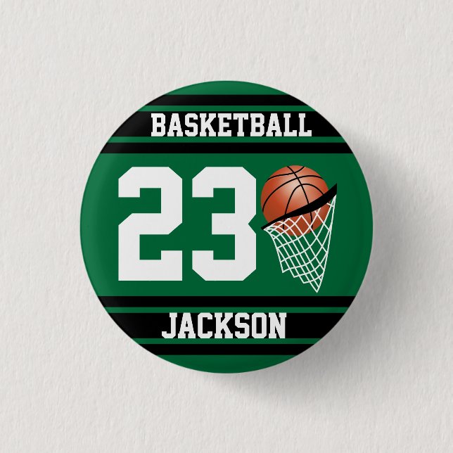 Personalized Basketball Dark Green and Black Button (Front)