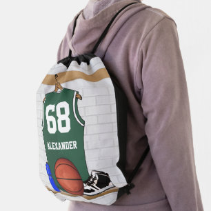 Personalized Basketball Jersey Green White Drawstring Bag