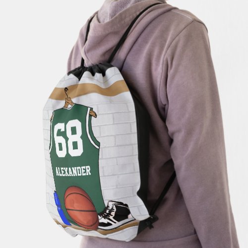 Personalized Basketball Jersey Green  White Drawstring Bag