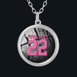 Personalized basketball jersey number necklace<br><div class="desc">Custom basketball necklace with jersey number. Personalized jewelry for basketball coach, player and fan. Personalizable with team name, quote, slogan, monogram and jersey number. Cute sports birthday gift idea for basketball girls. Make one for female coach, teammates, mom, wife, teen sister, sporty girlfriend etc. Girly neon pink font color with...</div>