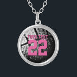 Personalized basketball jersey number necklace<br><div class="desc">Custom basketball necklace with jersey number. Personalized jewelry for basketball coach, player and fan. Personalizable with team name, quote, slogan, monogram and jersey number. Cute sports birthday gift idea for basketball girls. Make one for female coach, teammates, mom, wife, teen sister, sporty girlfriend etc. Girly neon pink font color with...</div>