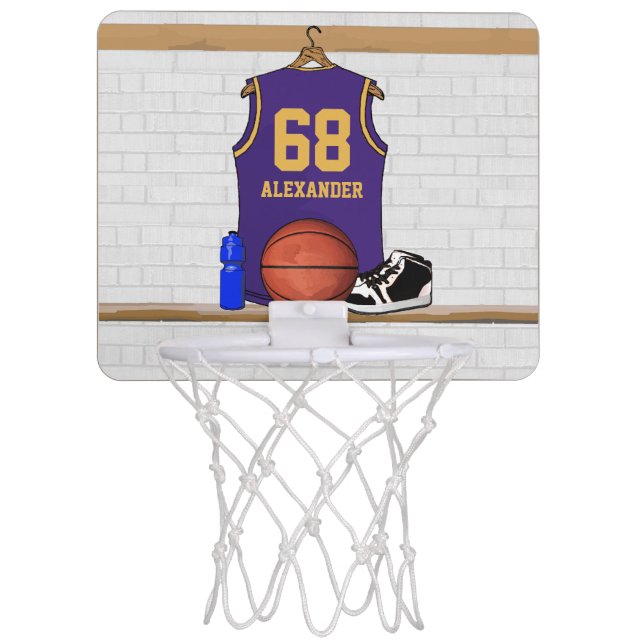 Personalized Basketball Jersey Purple | Gold Mini Basketball Hoop (Front)
