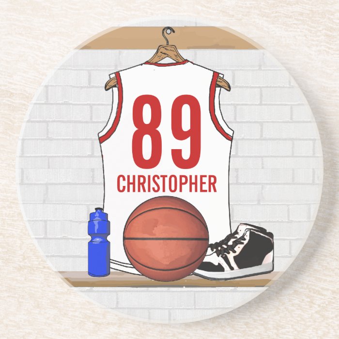 Personalized Basketball Jersey (white red) Beverage Coasters