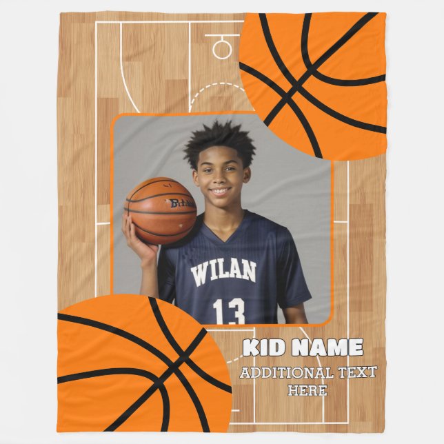 Personalized Basketball Kid Photo Fleece Blanket (Front)