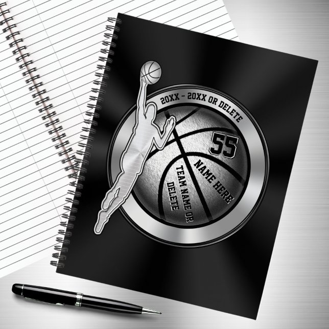 Personalized, Basketball Notebook for Guys (Personalized, basketball notebook. Black and Silver, basketball team gifts, Basketball gift ideas.)