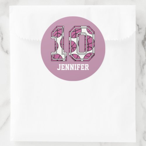 Personalized Basketball Number 10 Pink and White Classic Round Sticker