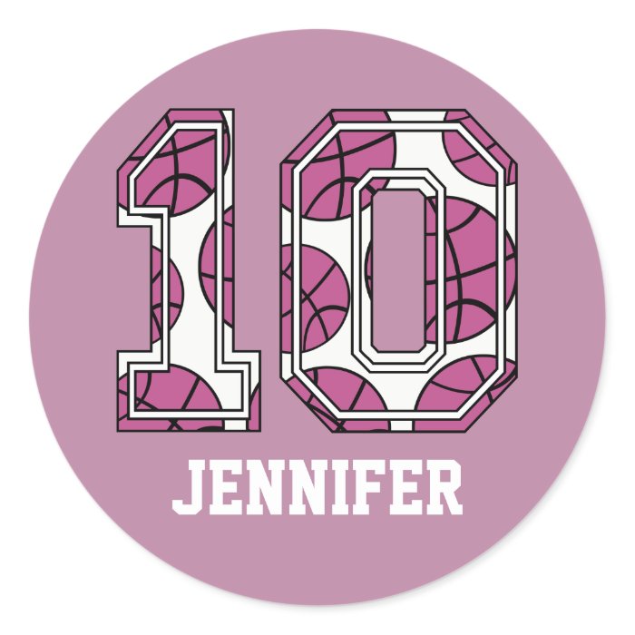 Personalized Basketball Number 10 Pink and White Round Sticker
