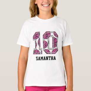 Personalized Basketball Number 10 Pink and White T-Shirt