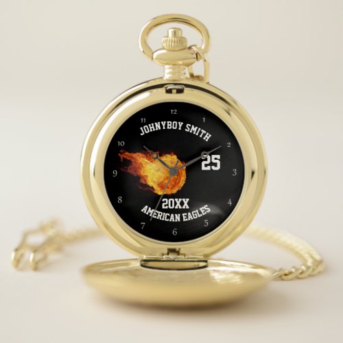 Personalized basketball on fire pocket watch
