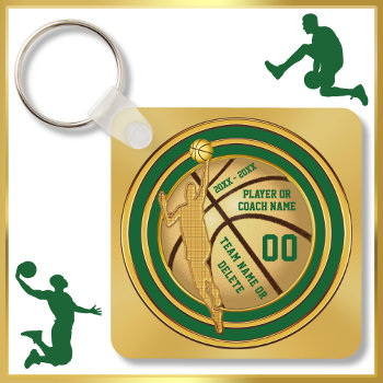 Personalized Basketball Party Favors. Green  Gold Keychain by LittleLindaPinda at Zazzle