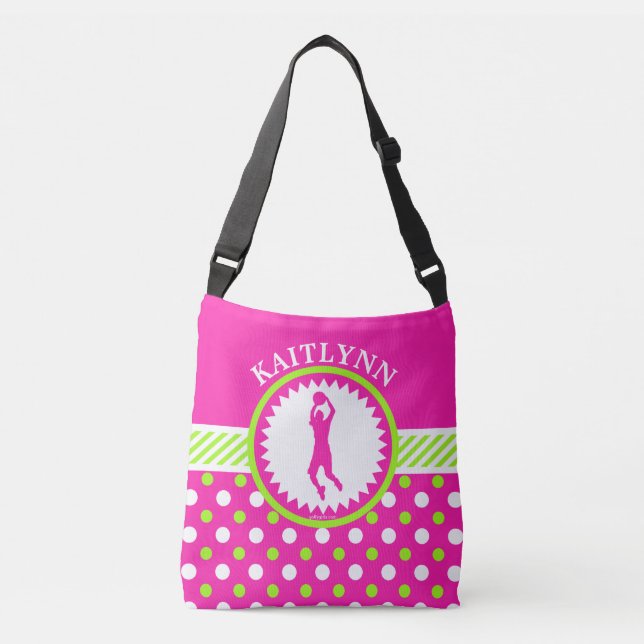 Personalized Basketball Pink - Green Polka-Dots Crossbody Bag (Front)