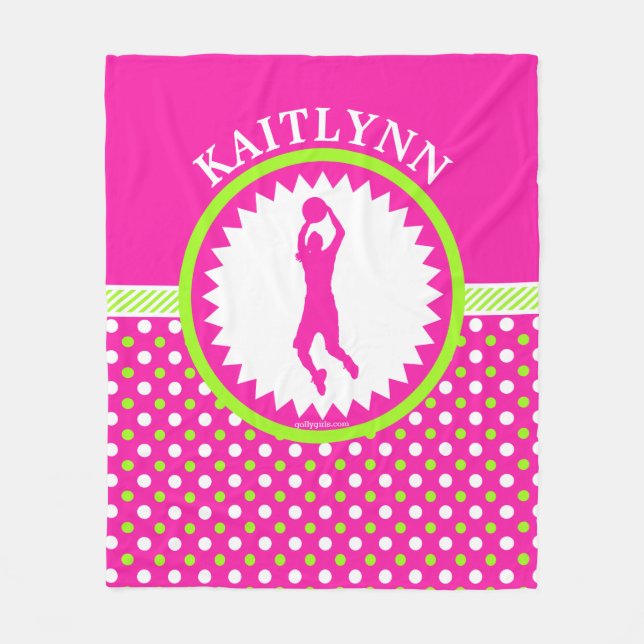 Personalized Basketball Pink - Green Polka-Dots Fleece Blanket (Front)