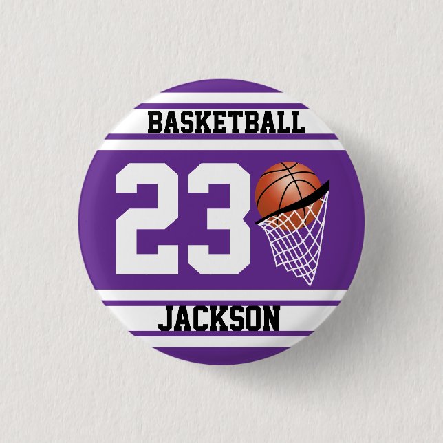 Personalized Basketball Purple and White Button (Front)