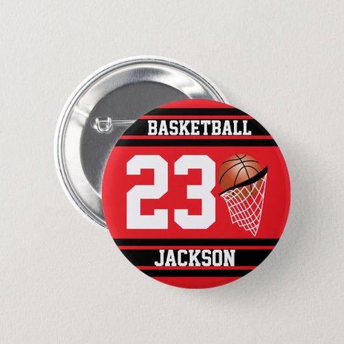 Personalized Basketball Red and Black Pinback Button