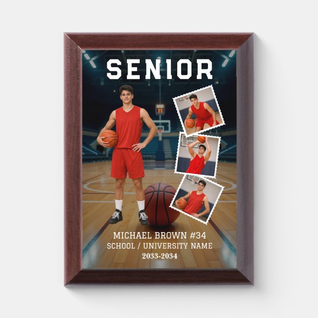 Personalized Basketball Senior Player 4 Photo Team Award Plaque (Vertical)