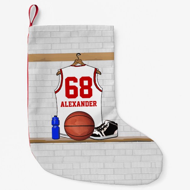 Personalized basketball shirt in locker room small christmas stocking (Front)