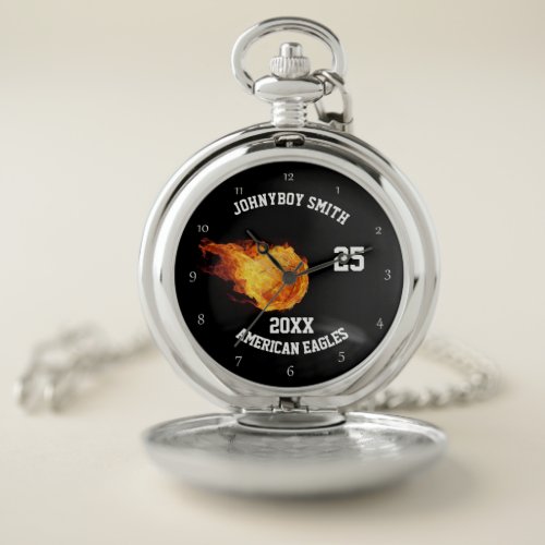 Personalized basketball silver basketball on fire pocket watch