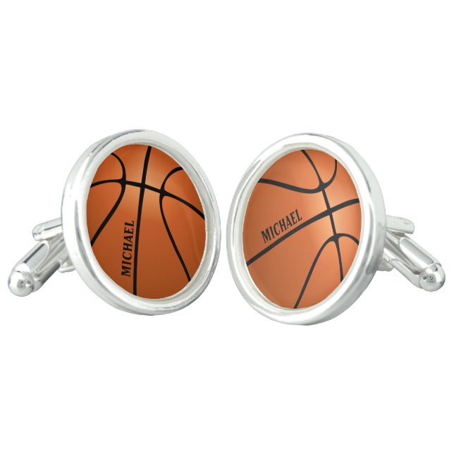 Personalized Basketball Silver Plated Round Cufflinks (Angled)