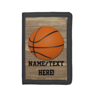 Personalized Basketball Wood-Look Kids Boys Tri-fold Wallet
