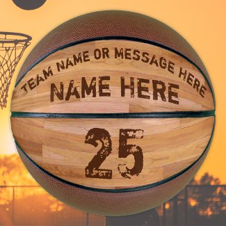 Personalized Basketballs, 3 Text Boxes, Wood Floor