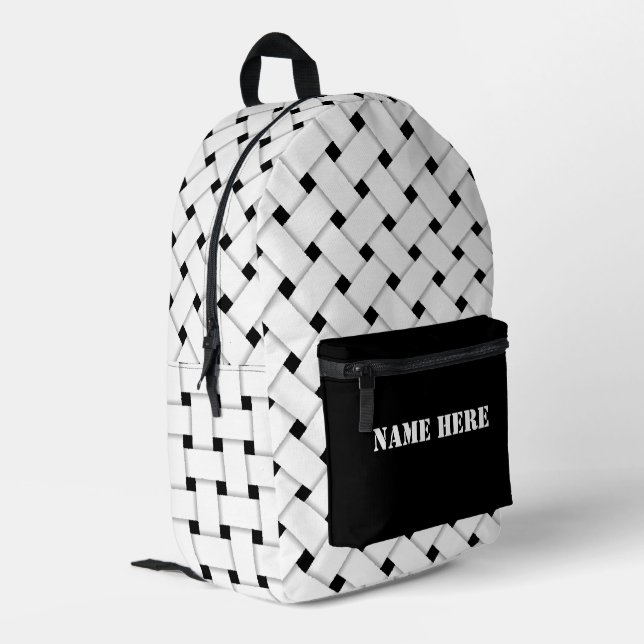 Personalized Basketweave Pattern, Black and White Printed Backpack (Back Corner Left)
