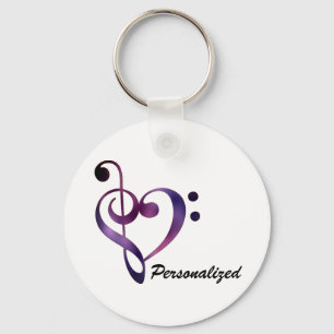 Personalized Bass and Treble Clef Heart Keychain